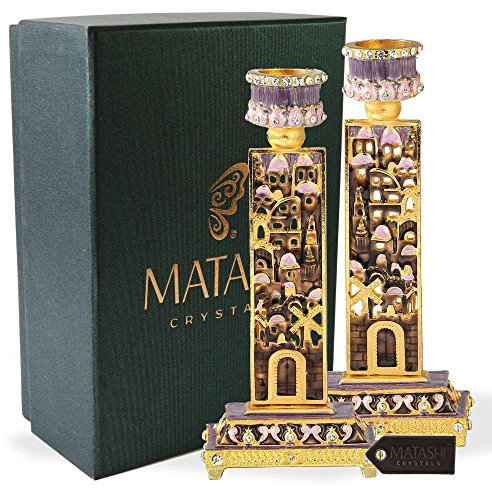 Kerzenständer im Shabbat-Design, handbemalt, vergoldet, Zinn, groß, Vintage-Kunsthandwerk, verziert mit Stadtmauer, persönlicher oder religiöser Genuss
