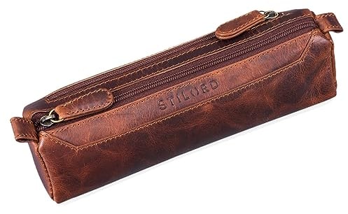 STILORD 'Jim' Federmappe Leder Vintage Stifte Euti 2 Fach rundes Federmäppchen groß Stiftemappe für Damen und Herren Faulenzer aus echtem Leder, Farbe:Kara - Cognac