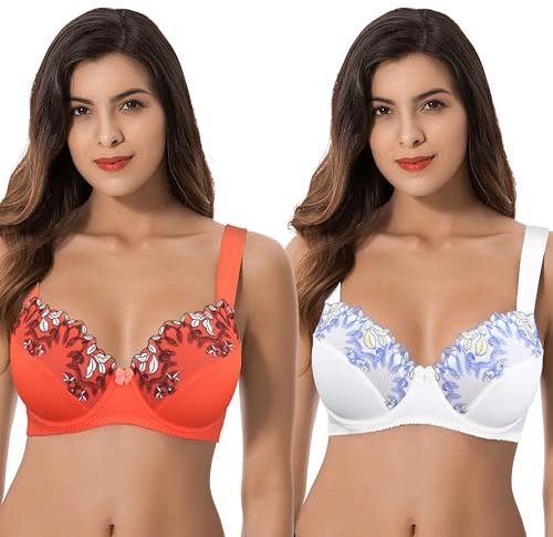 Curve Muse Womens Plus Size Minimizer Underwire Unlined Bra with Embroidery Lace-2Pack-Buttermilk,Cherry Tomato-34DD (EU:75E)