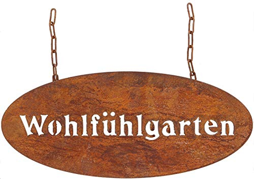 Metall Tafel Wohlfühlgarten mit Kette aufhängen Edelrost Schild Garten Gartendekoration Gartenschild B=45 cm