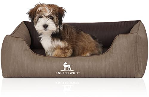 Knuffelwuff Orthopädisches Hundebett Outlander aus Laser-gestepptem Kunstleder M-L 85 x 63cm Natur/Braun - Abnehmbarer Bezug - leicht zu reinigen - für große, mittelgroße und kleine Hunde