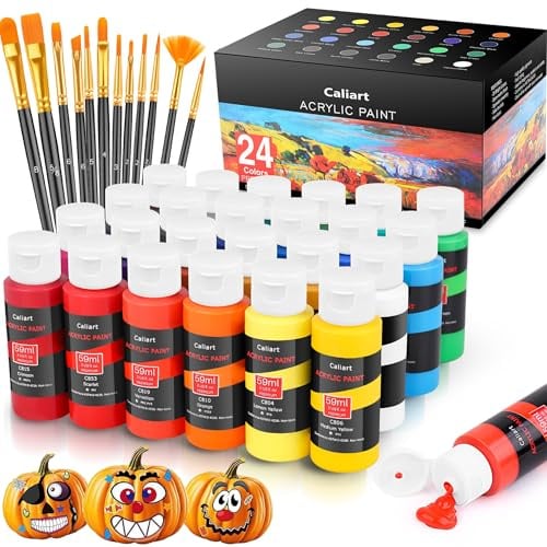 Caliart Juego de pintura acrílica con 12 pinceles, 24 colores (59 ml, 2 onzas), pinturas artísticas, regalos para artistas, niños, principiantes y pintores, lienzo de calabaza de Halloween, kit de