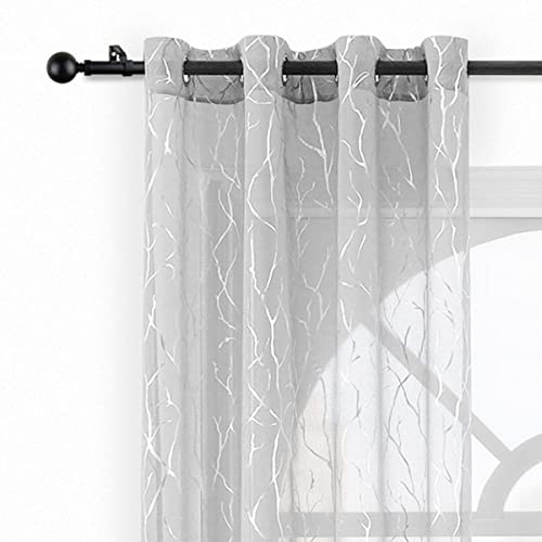 Kotile Transparente Vorhänge Grau mit Ösen aus Aluminium Metallic Zweig und Gardinen für Wohnzimmer, 52 x 95 cm, 2 Bahnen, Grau