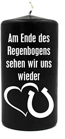 WB wohn trends Trauer-Kerze, Am Ende des Regenbogens... Hufeisen Pferd, schwarz weiß, 15cm d=8cm, Spruch-Kerze Gedenk-Kerze