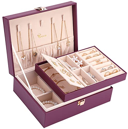 Voova Jewellery Box Organiser for Women Girls, 2 Layers Large Jewelry Storage Case, PU Leather jewlerrying Display Holder with Removable Tray for Necklace Earrings Rings Bracelets, Gifts, Purple