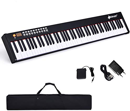 DREAMADE Keyboard Piano mit Bluetooth, E Piano 88 tasten mit 128 Rhythmen/Klänge & 20 Demo-Songs, Digital Piano mit einstellbarer Tastenstärke & Sustain Pedal & Tragetasche (Schwarz)