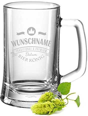 GRAVURZEILE Bierkrug mit Gravur - Bierkönig - Personalisiert mit Namen & Datum - Geschenk für Männer - Geschenke für Papa zum Vatertag Geburtstag oder zu Weihnachten - Größe: 0,5 L