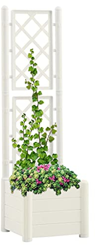 (Blitzlie ferung) Garten Hochbeet mit Spalier Gartenspalier, Blumenkasten Rankkasten, Rankgitter Rankhilfe Blumenkübel Pflanzkübel mit Spalier 43x43x142 cm PP Weiß