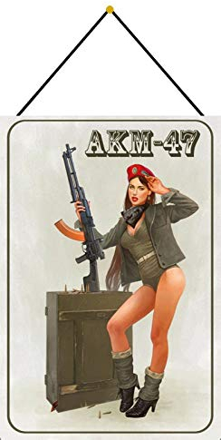 Tin Sign Retro Blechschild 20x30 cm Kalashnikov AKM 47 Pin up Girl mit Kordel zum Aufhängen Bar Kneipe Wand Deko Sammler Geschenk