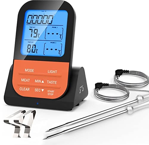 Grillthermometer Kabellos Fleischthermometer Funk Bratenthermometer Digital Magnetisch mit Timer LCD Display 2 Sonde Kerntemperatur Thermometer Steak Backofen Garten BBQ Camping Grill Zubehör (Orange)