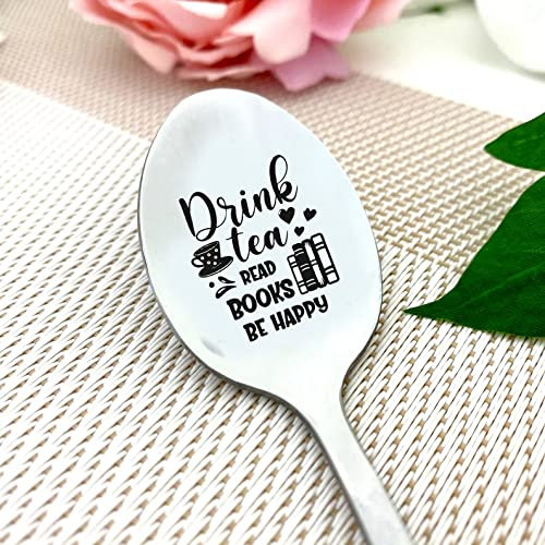 Tea Cup Drink tea Read books Be happy Spoon Engraved teaspoons tea Spoon gift spoon funny spoons for adults spoons engraved gifts under twenty funny spoon with sayings