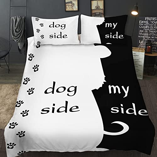 AOXHFNV Bettwäsche-Set aus der Schwarz-Weiß-Serie Dog Side and My Side Motiv Bettbezug Paar Bettwäsche Set Schwarz Weiß Doppelbett (Dog Side, 220×240cm)