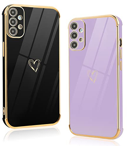 Vauki [2 Pezzi Cover per Samsung Galaxy A52s 5G/A52 4G/5G, Custodia con Motivo Cuore, Antiurto Ultra Silicone TPU Morbida Case con Protezione Della Fotocamera per Samsung A52s 5G 6.5, Nero e Viola