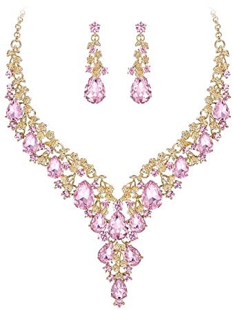 Clearine Wedding Bridal Jewellery Set Teardrop Rhinestone Cluster Statement Necklace Costume Dangle Earrings for Women Pink Gold-Tone
