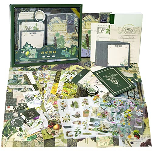 KRUCE Vintage Ästhetisches Scrapbook Zubehör Kit,Botanische Blume ästhetische Scrapbook Tagebuch Zubehör,Aufkleber,Washi Tape,A6 Raster Notizbuch DIY Journaling Supplies für Teen Girl Kid Frauen