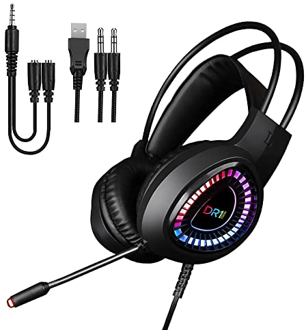 DR1TECH FireScout+ Cuffie da Gaming LED con Filo e Microfono per PC - Cuffie Over Ear Driver 40mm con Audio Stereo - USB e Doppio Jack + Adattatore incluso