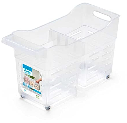Tradineur - Carrito multiusos de plástico con ruedas y asa, 2 compartimentos, cesta organizadora para productos de limpieza, baño, cocina (Transparente, 46 x 19 x 27 cm)
