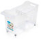 Tradineur - Carrito multiusos de plástico con ruedas y asa, 2 compartimentos, cesta organizadora para productos de limpieza, baño, cocina (Transparente, 46 x 19 x 27 cm)
