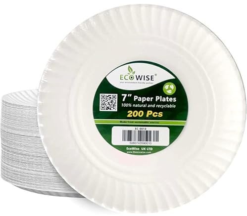 Best House | Paper Plates Round | 7 inch | Pack of 200 | Disposable White Paper Plates | Hot & Cold Foods Use | Eco-Friendly, Biodegradable | Ideal for Birthday, Catering, Takeaway Food, Wedding, BBQ