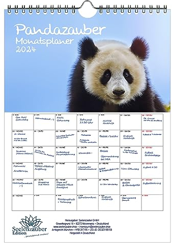 Pandazauber Planer DIN A4 Kalender für 2024 Panda - Geschenkset Inhalt: 1x Kalender, 1x Weihnachts- und 1x Grußkarte (insgesamt 3 Teile)