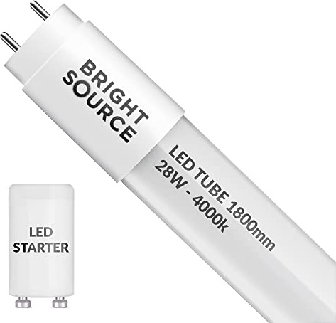 Bright Source 6ft (1763mm) 28w LED T8 Tube, 2800lm, 4000K Cool White, Replacement for 70w T8 Fluorescent, Starter Included - Direct Mains or for use with Switch Start Fitting with Magnetic Ballast