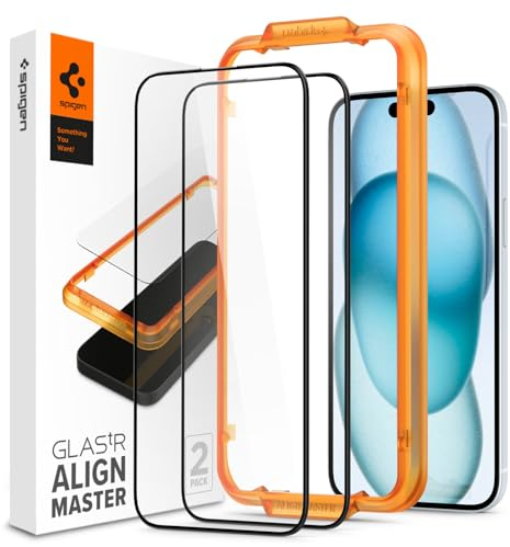 Spigen AlignMaster Verre Trempé Compatible avec iPhone 15, 2 Pièces, Couverture complète, Résistant aux Rayures, 9H Protection écran
