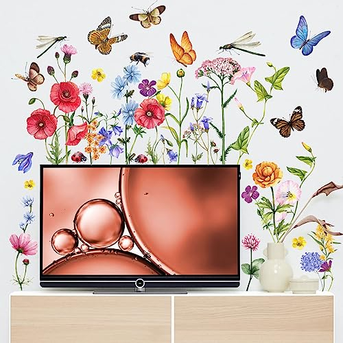 Timelesslong Wandtattoo Wandbilder Wohnzimmer Blumen Rosa Schmetterlinge Libelle Wandsticker Pflanzen Deko Tapete Groß Gräser Wandaufkleber Blume Wanddeko für Schlafzimmer Flur Büro Fensterbilder