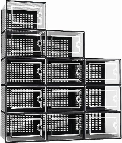 Greenfields 12 Pack Transparent Clear Hard Plastic Stackable Shoe Box Organiser - DIY, Craft Bins, Organisers, Containers, Sturdy and Durable Space Saving, Ventilated with Box Lids (Black)