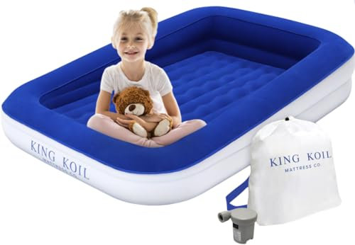 King Koil Toddler Inflatable Childrens Airbed, Travel Bed with Built-in Safety Bumper, Portable Air Mattress for Kids, Includes High Speed Pump - Blue, 1-Year Manufacturer Warranty
