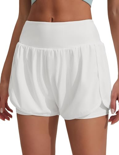 PINSPARK Kurze Hose Damen Shorts Sommer Hosen Fitness Running Yoga Jogging Beiläufige Kurze Hose mit Tasche Weiß XS