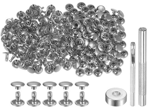 sourcing map 100 Sets Leather Rivets 8 x 9mm Metal Double Cap Rivet Snaps Studs Fasteners with 3pcs Setting Tools Rivets for Leather Craft DIY Repair Decoration, Silver Tone