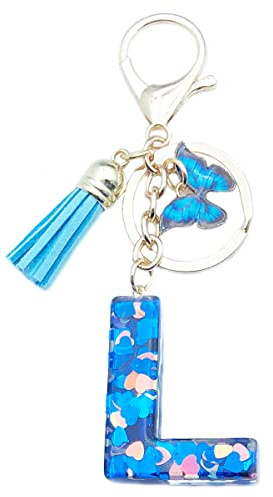 Xsclpomddy Frauen Alphabet Buchstaben Schlüsselanhänger Niedlich Schlüsselanhänger Glitzer mit Schmetterling Quasten Harz Blau Keychain für Tasche Charme