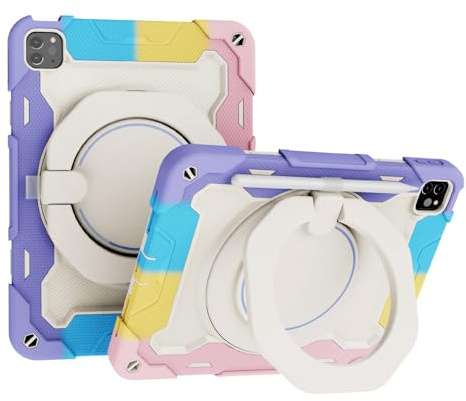 JZ Handheld Rotating Ring Bracket Armour Silicone Béquille Cas pour iPad Air 4th / 5th / iPad Pro 11 inch 1st 2nd 3rd 4th Devices - [Shoulder Strap][Angle Adjustment][Pencil Holder] - Colorful Pink