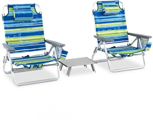 GOPLUS Juego de 2 Sillas Playa y Mesa Plegable, Silla Plegable Reclinable con 5 Posiciones Ajustables, 3 Bolsas de Almacenaje y Almohada, Silla Portátil para Jardín Piscina Camping (Raya Azul)