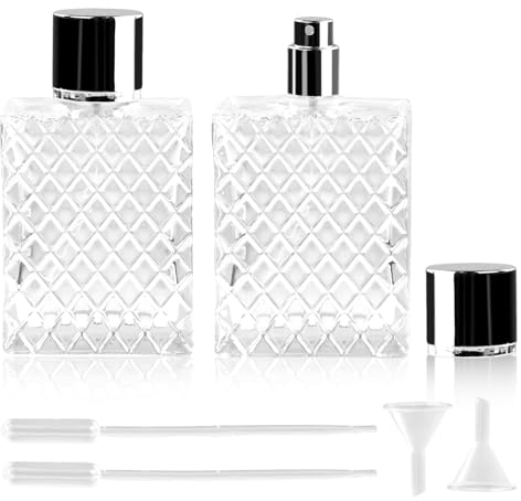 KUAOOAUK 2 Pack leere Parfümflaschen, 100ml 3.4 oz Nachfüllbarer Parfümzerstäuber, Feiner Nebel Kosmetischer Zerstäuber, Tragbarer Klarglas-Spender mit Trichter Dropper für Reisen