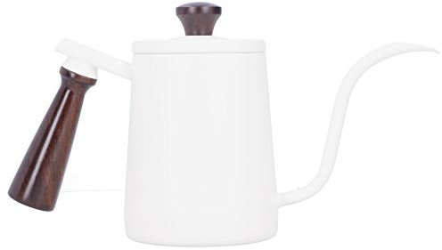 RvSky Hochwertige Kaffeekanne aus Edelstahl Mit Holzgriff Und Langem Schwanenhalsauslauf – Perfekt Zum Aufgießen von Kaffee Im Café Oder zu Hause(Langer Mund – Weiß)
