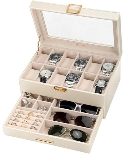 Voova Watch Boxes Organiser Jewellery Box for Men Women,2 Layer Large 12 Slot PU Leather Watch Storage Case, Glass Top Jewelry Display Holder for Watches Sunglasses Rings Necklaces Bracelets,Apricot