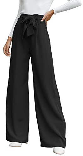 Cicy Bell Damen Weite Bein, Stoffhose Damen Hohe Taille Palazzo Hose, Leicht, Lockere Freizeithosen, Hose Krawatte Knoten Taschen-Elegant Casual Weite Hose,Hosen-Schwarz, XXL