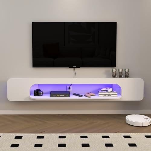 Pmnianhua LED Meuble TV Suspendu, Etagere TV Murale, Meuble TV Suspendu Bois Etagere avec 1 Etagere Ouvertes, Murale Flottante TV Meuble Etagere TV Support, Meuble TV Flottant (180cm, Blanc)