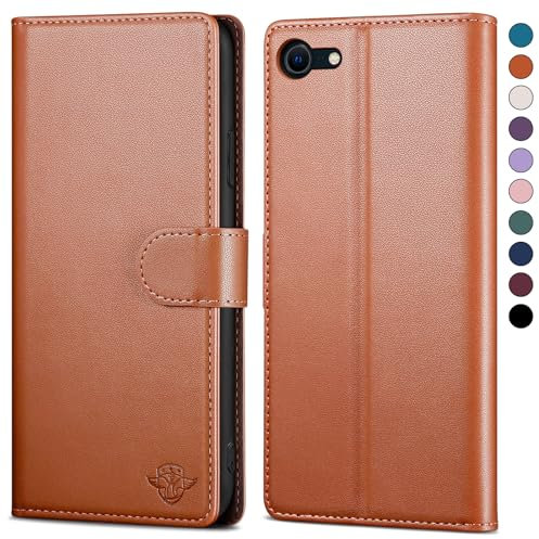 SkyDuck Leather Flip Case for iPhone SE 2022/2020 with RFID Blocking, Credit Card Holder & Tempered Glass Screen Protector - Light Brown
