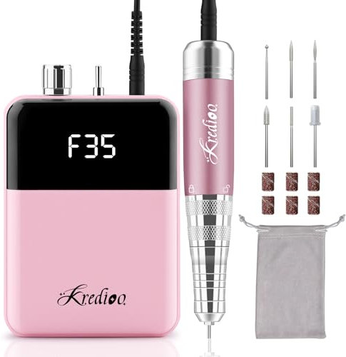 Kredioo Fresa per Unghie Professionale 35000RPM, Portatile E Ricaricabile, Fresa Unghie, Lima Per Unghie Elettrica, Manicure e Pedicure, Trapano Elettrico per Rimozione Smalto, 6 Punte, Rosa