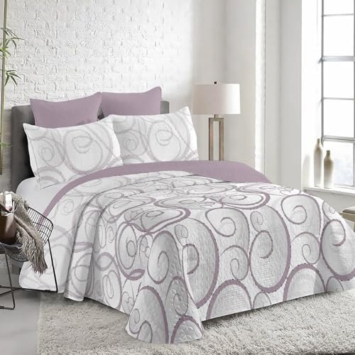 MERCURY TEXTIL- Colcha Bouti Estampada Hojas y Flores, para Verano y Entretiempo 100% Poliéster. Cubre Cama Fina, Ligera y Suave. (Ondas Lila, Cama 135)