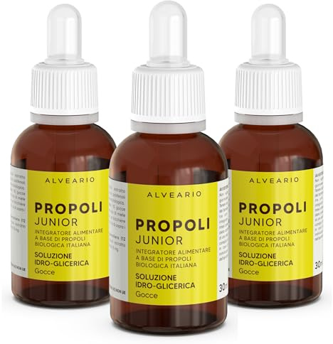ALVEARIO Propoli Junior Integratore Alimentare a base di propoli Biologica, adatto ai bambini, sollievo per mal di gola forte, tosse grassa, tosse secca e raffreddore 3 x 30 ml
