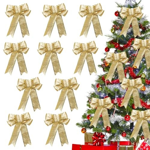 Creaher 10Pcs Christmas Bows Xmas Tree Ornaments, Large Christmas Wreaths Bows Christmas Tree Decorations Gold Bows, Glitter Red Christmas Bows for Presents Box Christmas Garland Christmas Tree Bows