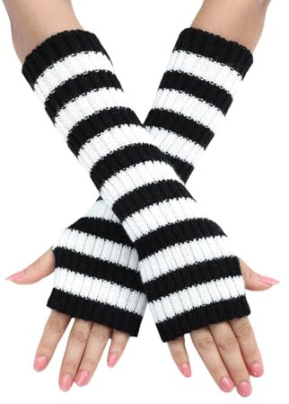 BelleVive Y2k Gestreifte Armstulpen Lange fingerlose Strickhandschuhe Punk Gothic Szene Coole Winter Armstulpen Grunge Accessoires, Winter Gestrickte Handschuhe für Damen