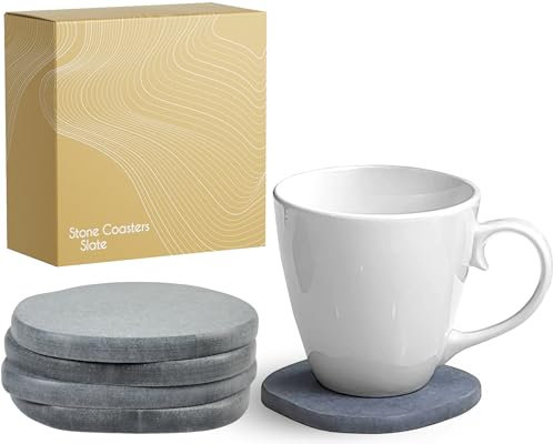 Stone Coasters Slate Set of 4, Stone Coasters Absorbent, Grey Diatomaceous Earth Coasters for Drinks, Small Plant Coasters, Moisture Absorbing Diatomite Coasters, Outdoor Coasters for Patio Table