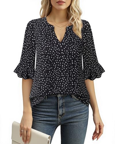 Bodhi talk Damen Elegant: Blümchen Bluse Damen Mode - Sommer Plissee Vorne Elegant Tops mit V-Ausschnitt Casual Tunika Hemd - Geblümt Chiffon Bluse Hochzeit Freizeit T-Shirt (Schwarz Weiß M)
