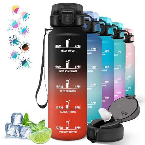 Trinkflasche 1l, Trinkflasche mit Strohhalm, Trinkflasche Fitnessstudio mit Zeitmarkierung, Trinkflasche für Kohlensäurehaltige Getränke, Kann mit Dir Tragen, für Yoga, Camping, Wandern, Schwarz-Rot