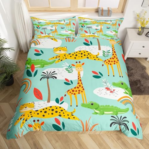 Loussiesd Children'S Animal Theme Down Duvet Set King Giraffe Tiger Crocodile And Printed Bedding Zoo Trees And Plants Decorative Bedding Set For Girls Boys And Teenagers