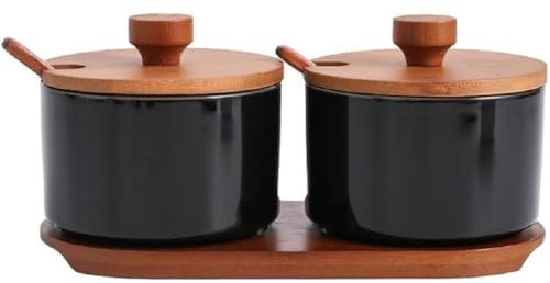 MAGICVOGEL Gewürzdose Gewürzgläser aus Keramik Zuckerdose mit Deckel und Löffel 200ml Zuckerbehälter Küche Gewürzbehälter für Zucker Salz Gewürze (Schwarz,2er Set)